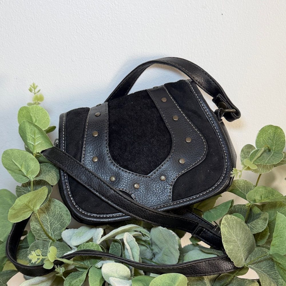 Western Boho Black Faux Suede Studded Crossbody Saddle Bag